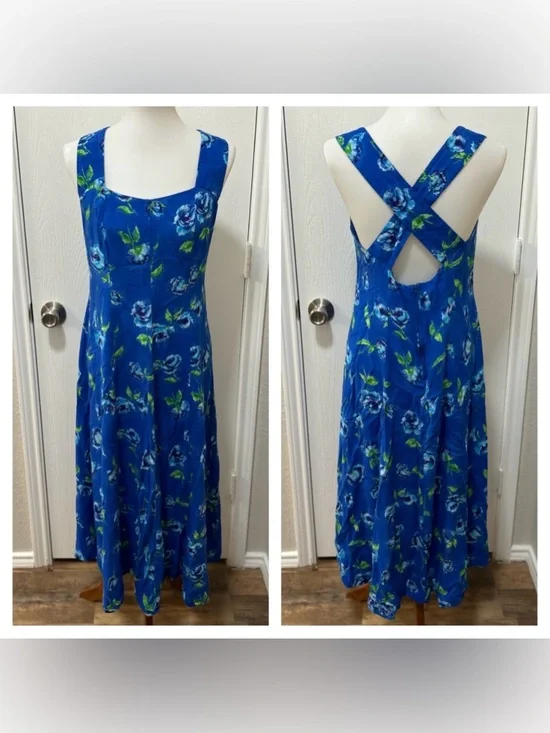 Connected VTG 90s Blue Rose Floral Midi Dress Sz 14 CrissCross Back Cottagecore - Picture 1 of 9